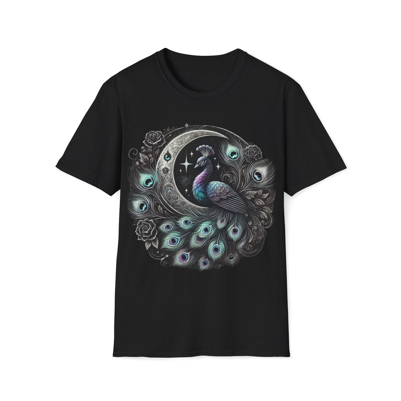 Macabre Threads Black Gilded Nocturn – Gothic Peacock Moon T-Shirt