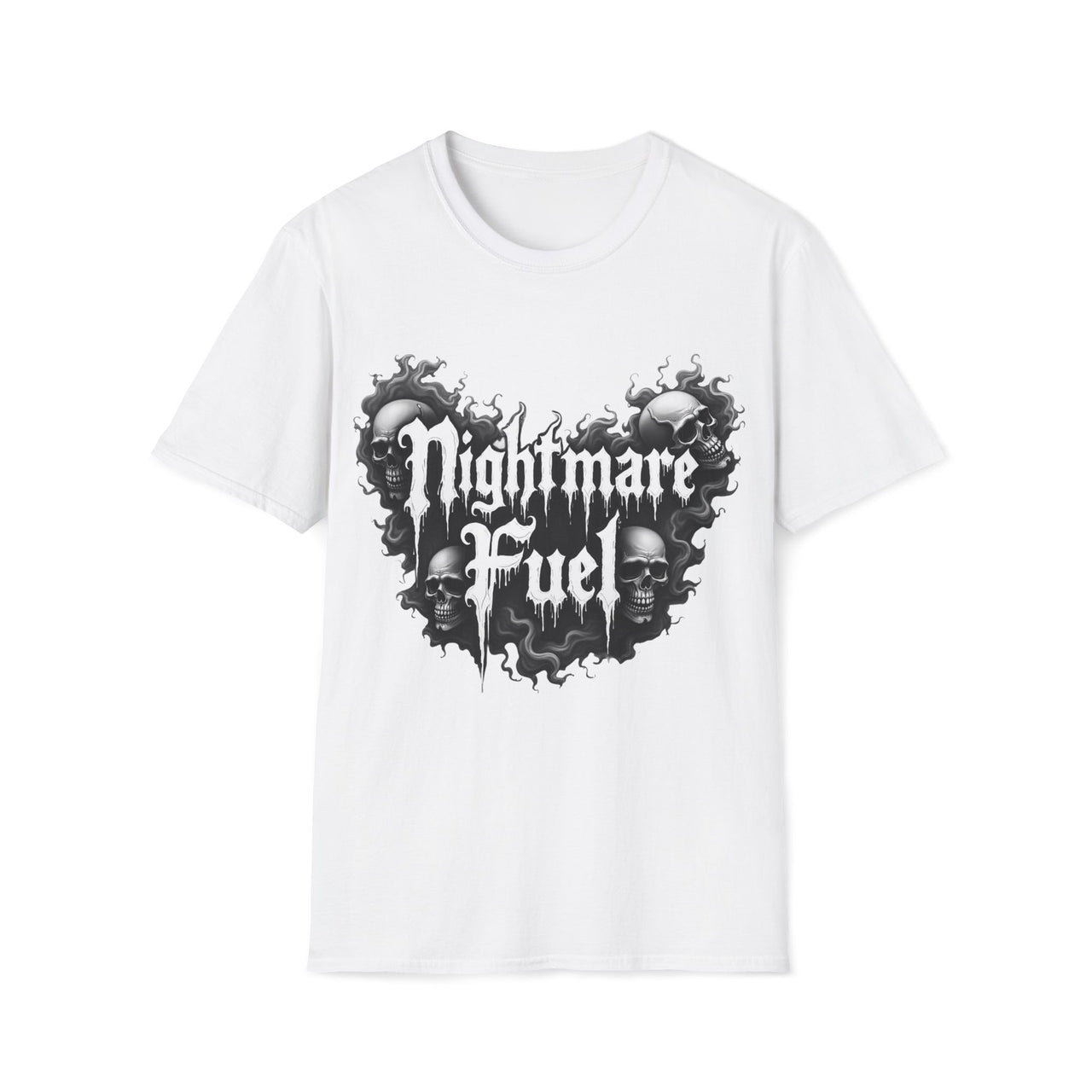 Macabre Threads White Nightmare Fuel T-Shirt – Gothic Skull Graphic Tee