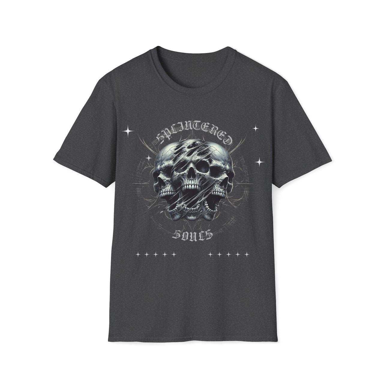 Macabre Threads Dark Heather Splintered Souls Skull Graphic Tee – Cracked Gothic Skull T-Shirt