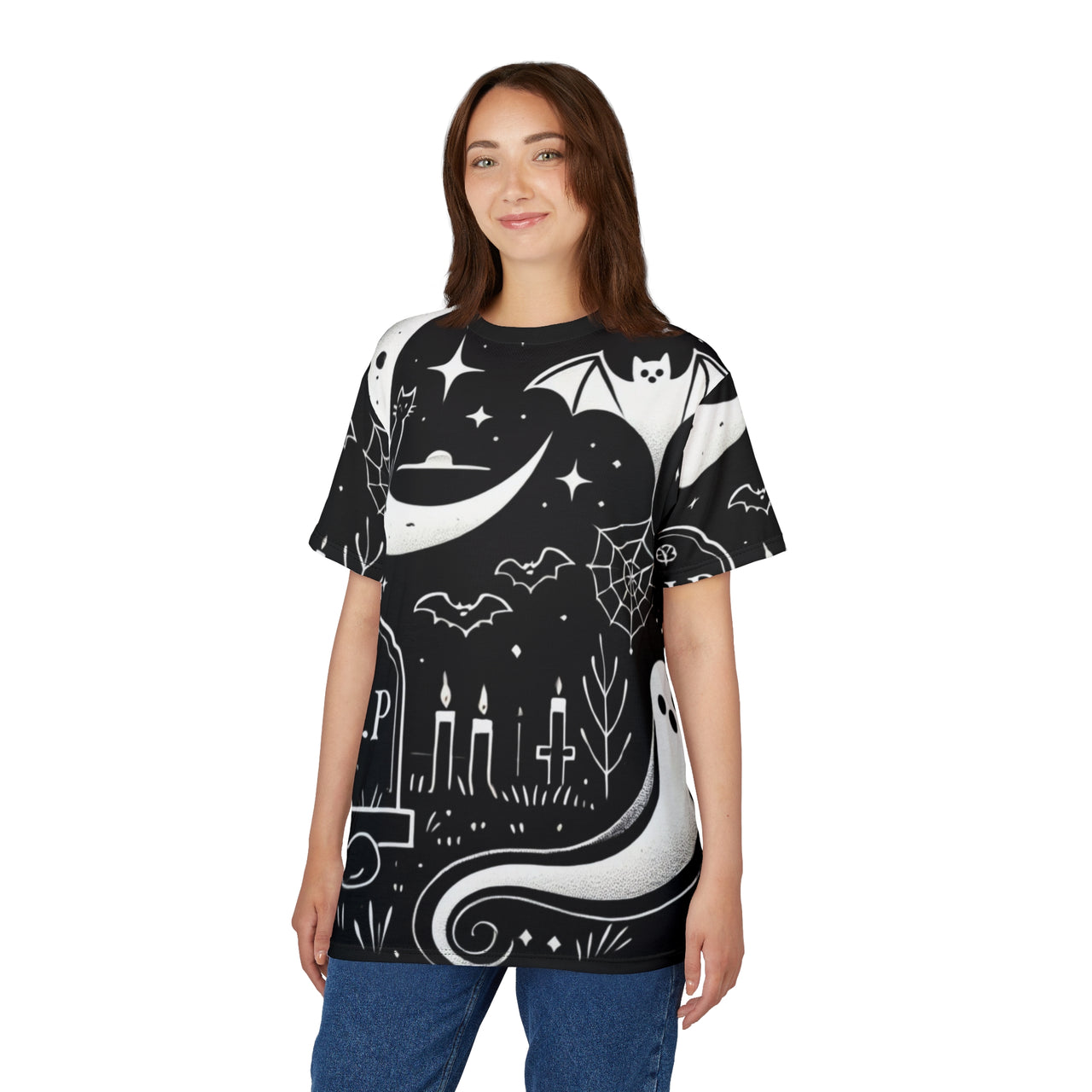 Macabre Threads Phantom Night All-Over Print T-Shirt – Moonlit Graveyard Ghost Tee