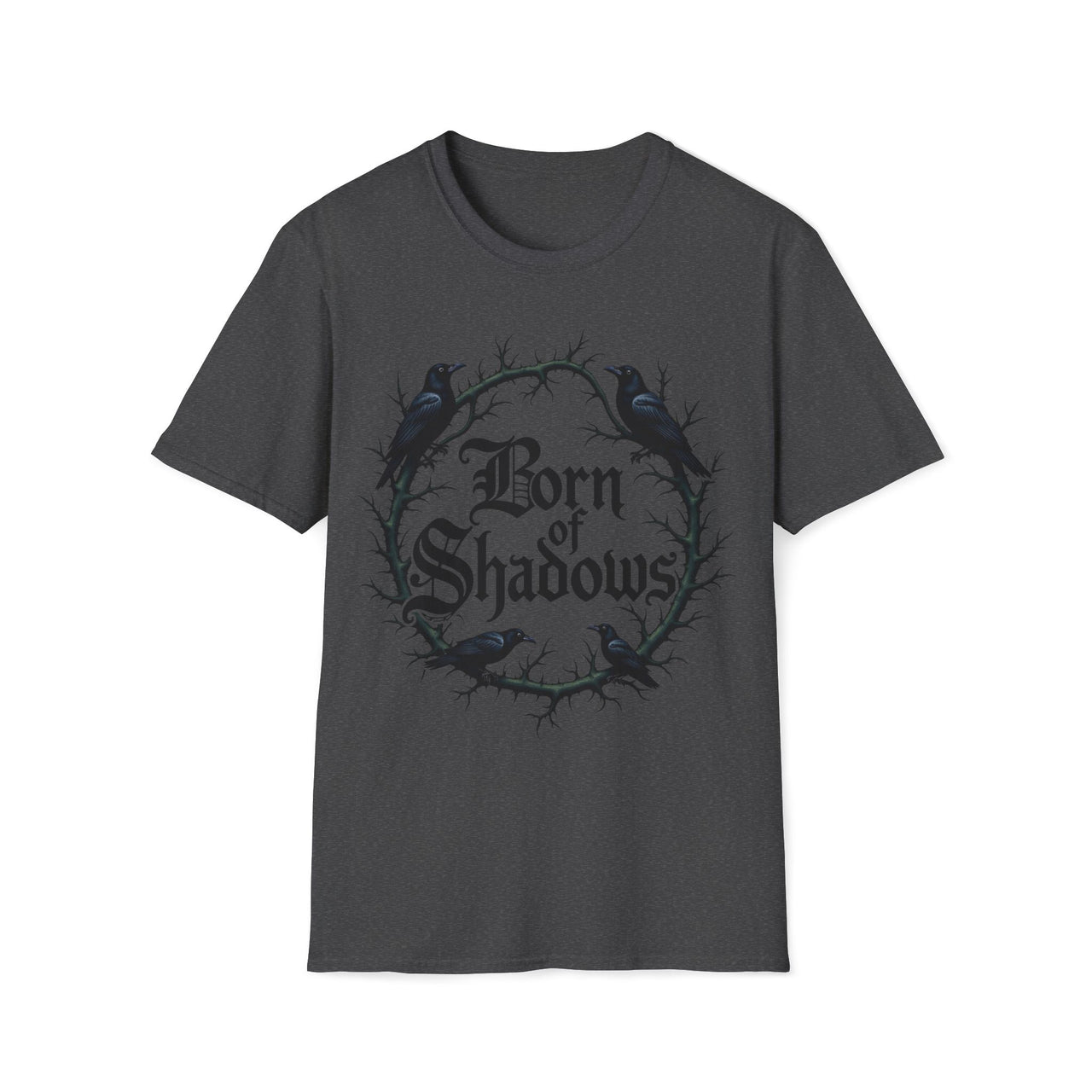 Macabre Threads Dark Heather Shadow Born T-Shirt – Gothic Typography and Crow Design