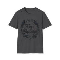Macabre Threads Dark Heather Shadow Born T-Shirt – Gothic Typography and Crow Design