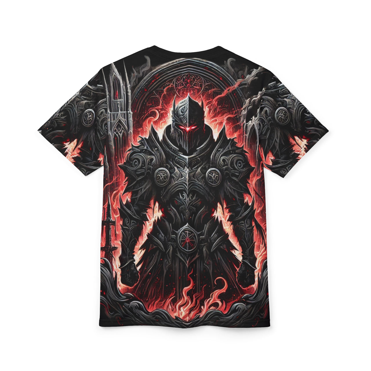 Macabre Threads Ashen Crusader All-Over Print T-Shirt – Armored Knight Inferno Tee