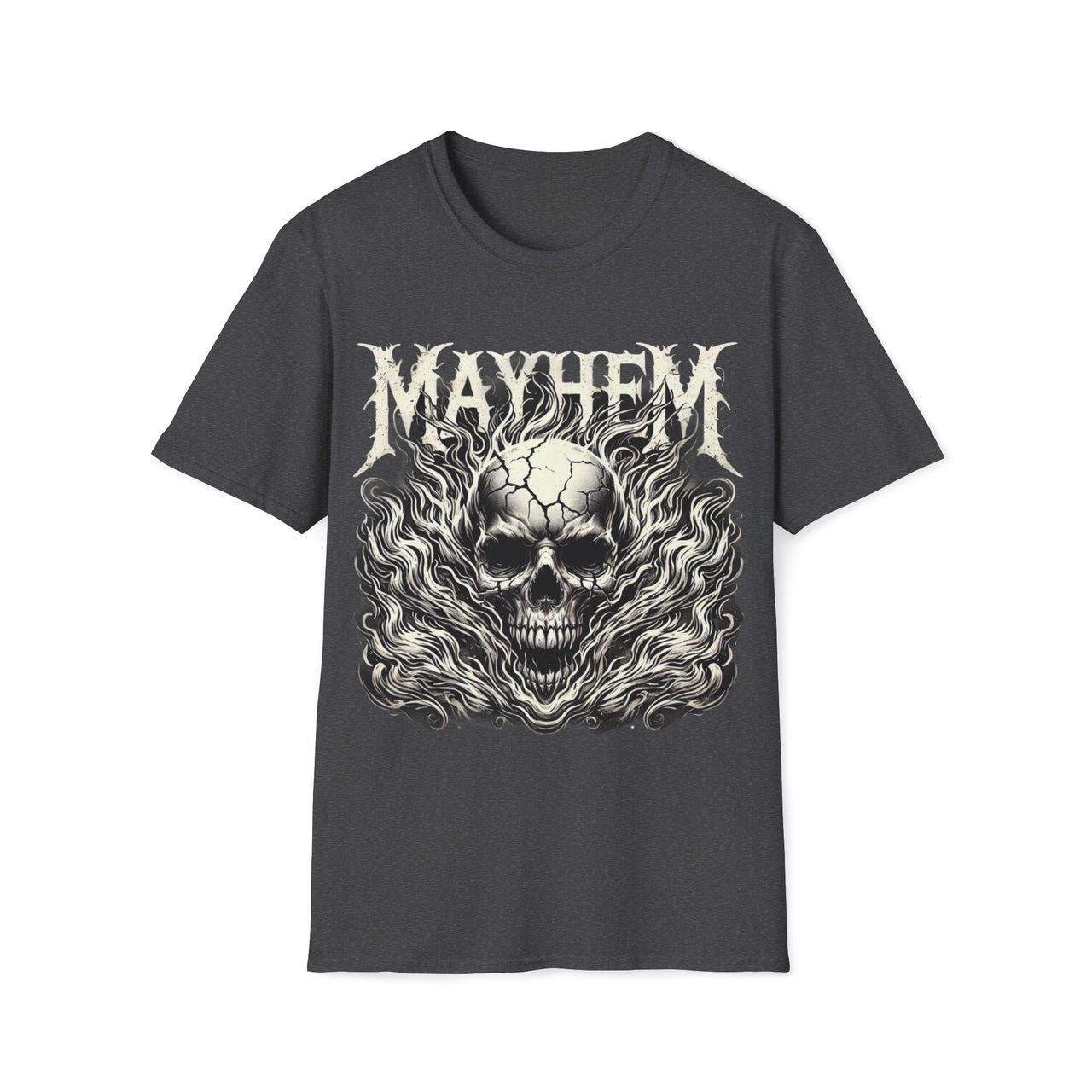 Macabre Threads Dark Heather Mayhem – Flaming Skull T-Shirt