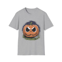 Macabre Threads Sport Grey Scary Pumpkin Shirt – Creepy Jack-O’-Lantern Halloween Tee