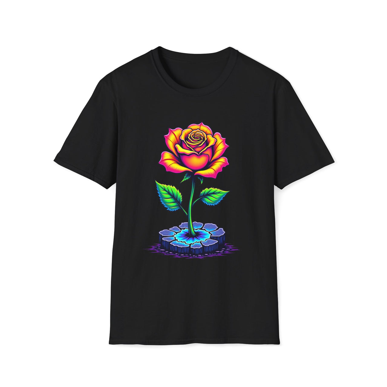 Macabre Threads Black Aurora Blossom T-Shirt – Neon Rose Graphic Tee