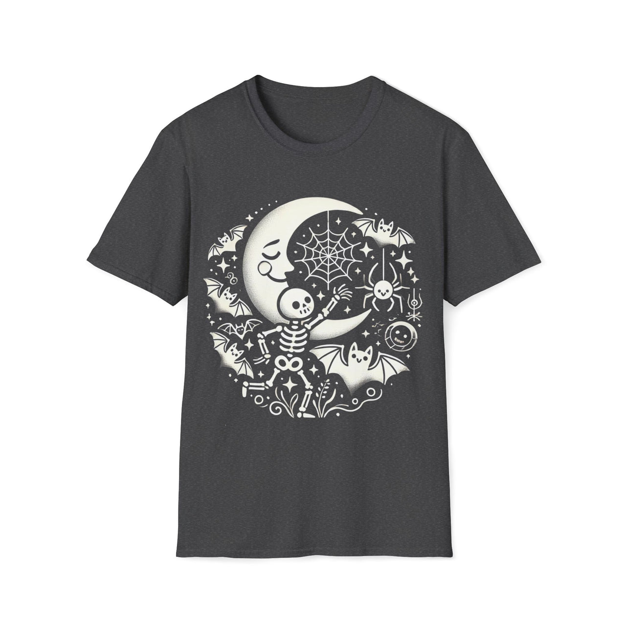 Macabre Threads Dark Heather Celestial Play T-Shirt – Whimsical Skeleton and Moon Gothic Design