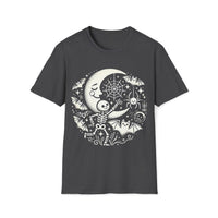 Macabre Threads Dark Heather Celestial Play T-Shirt – Whimsical Skeleton and Moon Gothic Design