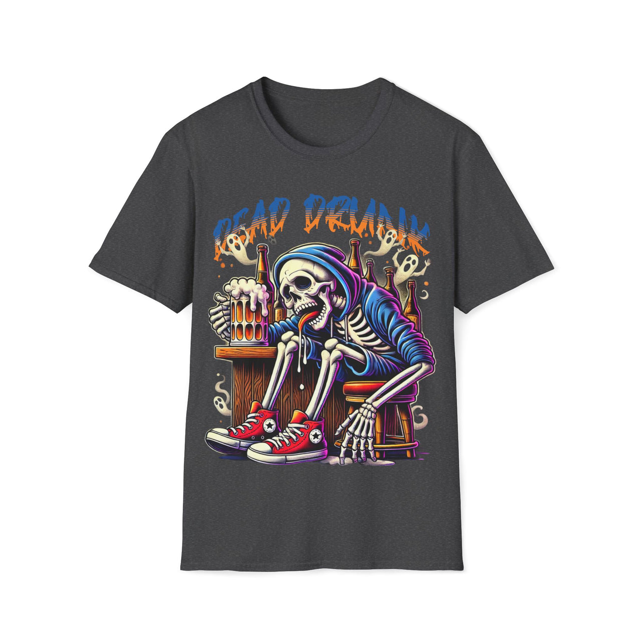 Macabre Threads Dark Heather Dead Drunk – Skeleton Drinking T-Shirt