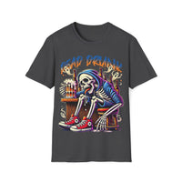 Macabre Threads Dark Heather Dead Drunk – Skeleton Drinking T-Shirt
