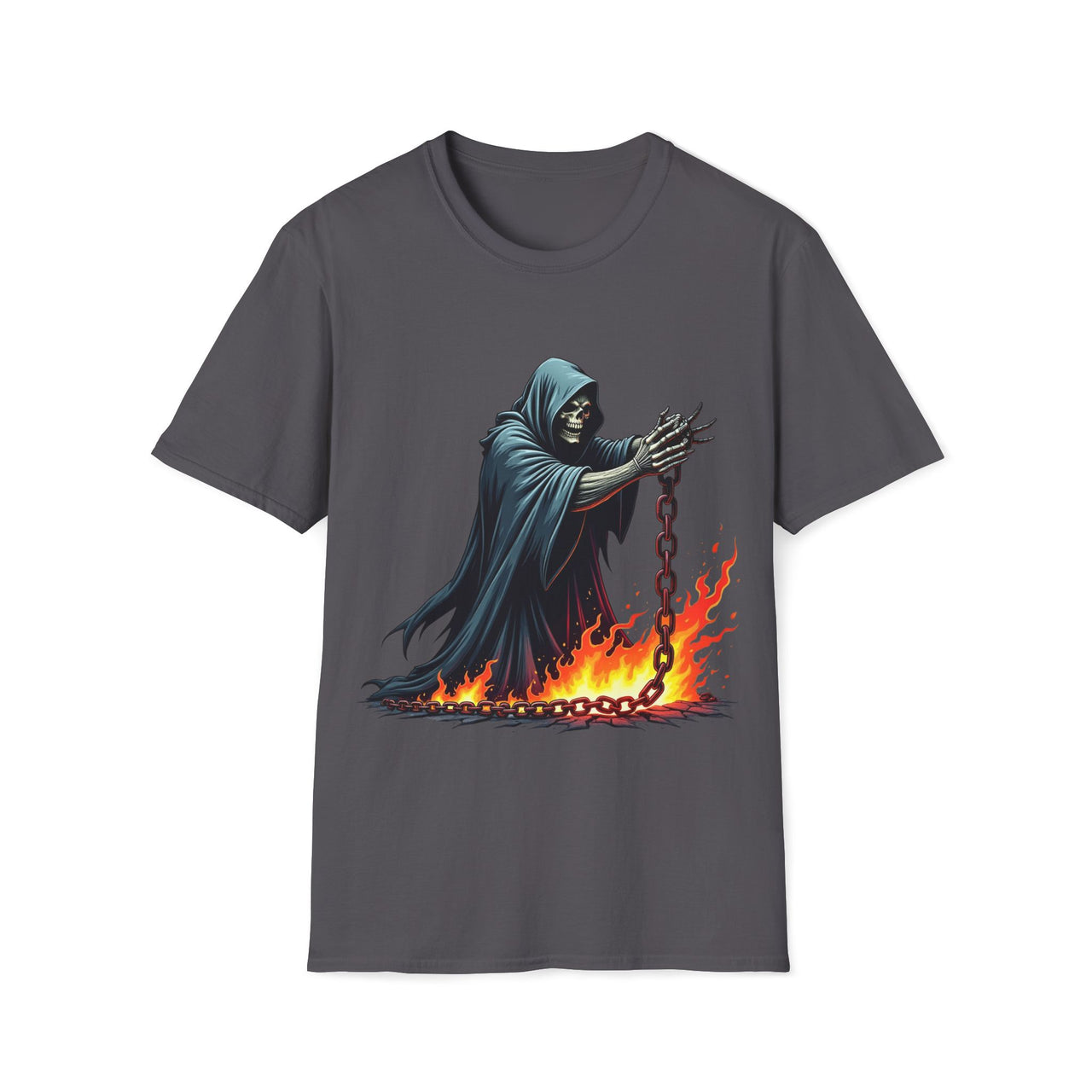 Macabre Threads Charcoal Fiery Reaper – Chains of Flame T-Shirt