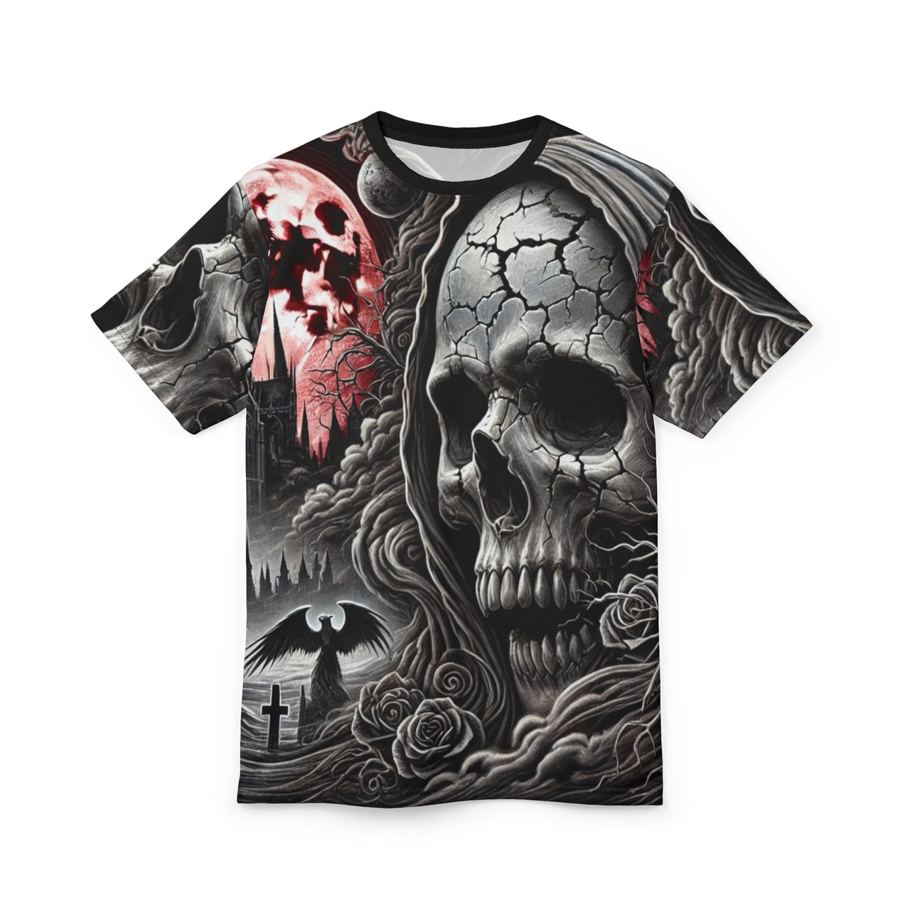 Macabre Threads Black stitching Crimson Doom All-Over Print T-Shirt – Skull & Shadow Apocalypse Tee