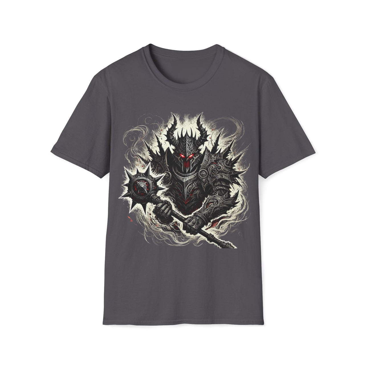 Macabre Threads Charcoal Knight Fury T-Shirt – Gothic Dark Knight with Mace Design