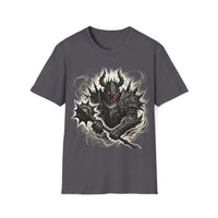 Macabre Threads Charcoal Knight Fury T-Shirt – Gothic Dark Knight with Mace Design