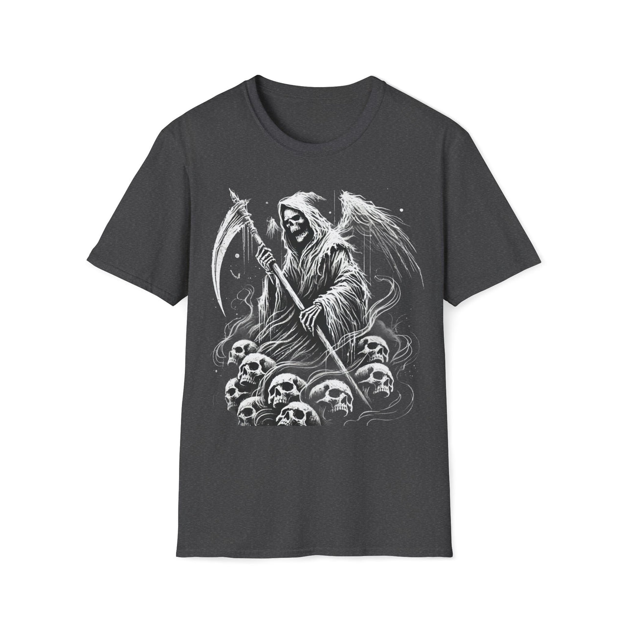 Macabre Threads Dark Heather Death’s Dominion – Grim Reaper Skull Pile T-Shirt