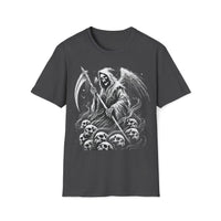 Macabre Threads Dark Heather Death’s Dominion – Grim Reaper Skull Pile T-Shirt