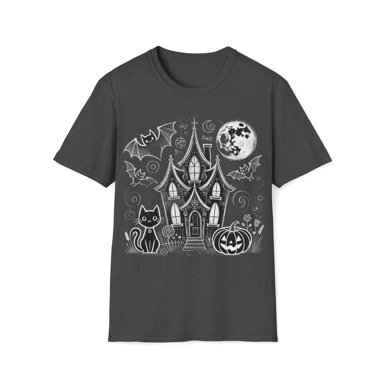 Macabre Threads Dark Heather Haunted House T-Shirt – Halloween Ghosts and Bats Tee