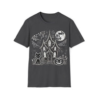 Macabre Threads Dark Heather Haunted House T-Shirt – Halloween Ghosts and Bats Tee