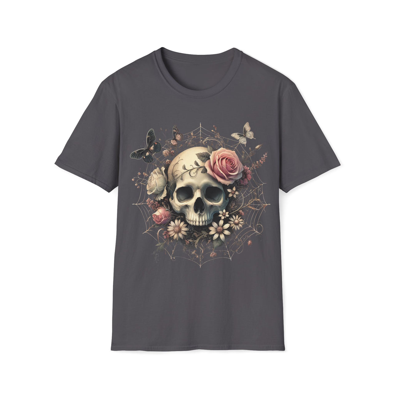 Macabre Threads Charcoal Web of Remembrance – Skull and Roses T-Shirt