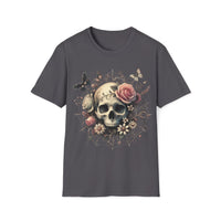 Macabre Threads Charcoal Web of Remembrance – Skull and Roses T-Shirt
