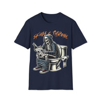 Macabre Threads Navy Skull and Throne – Gothic Skeleton King T-Shirt