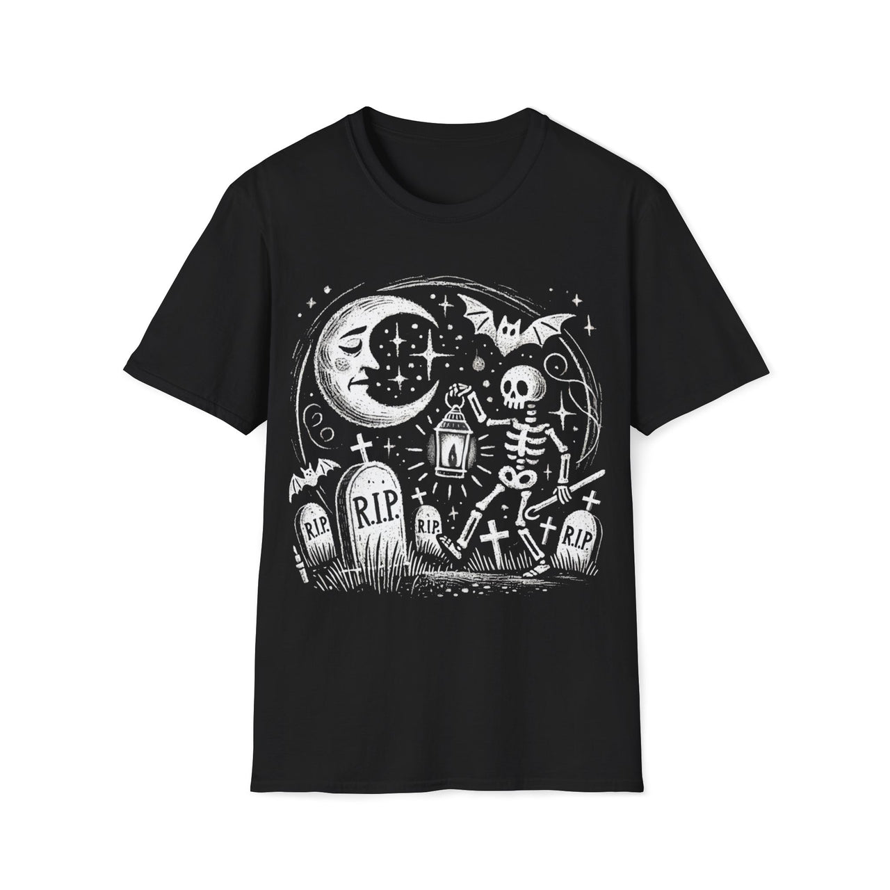 Macabre Threads Black Lantern’s Glow T-Shirt – Gothic Skeleton Graveyard Design