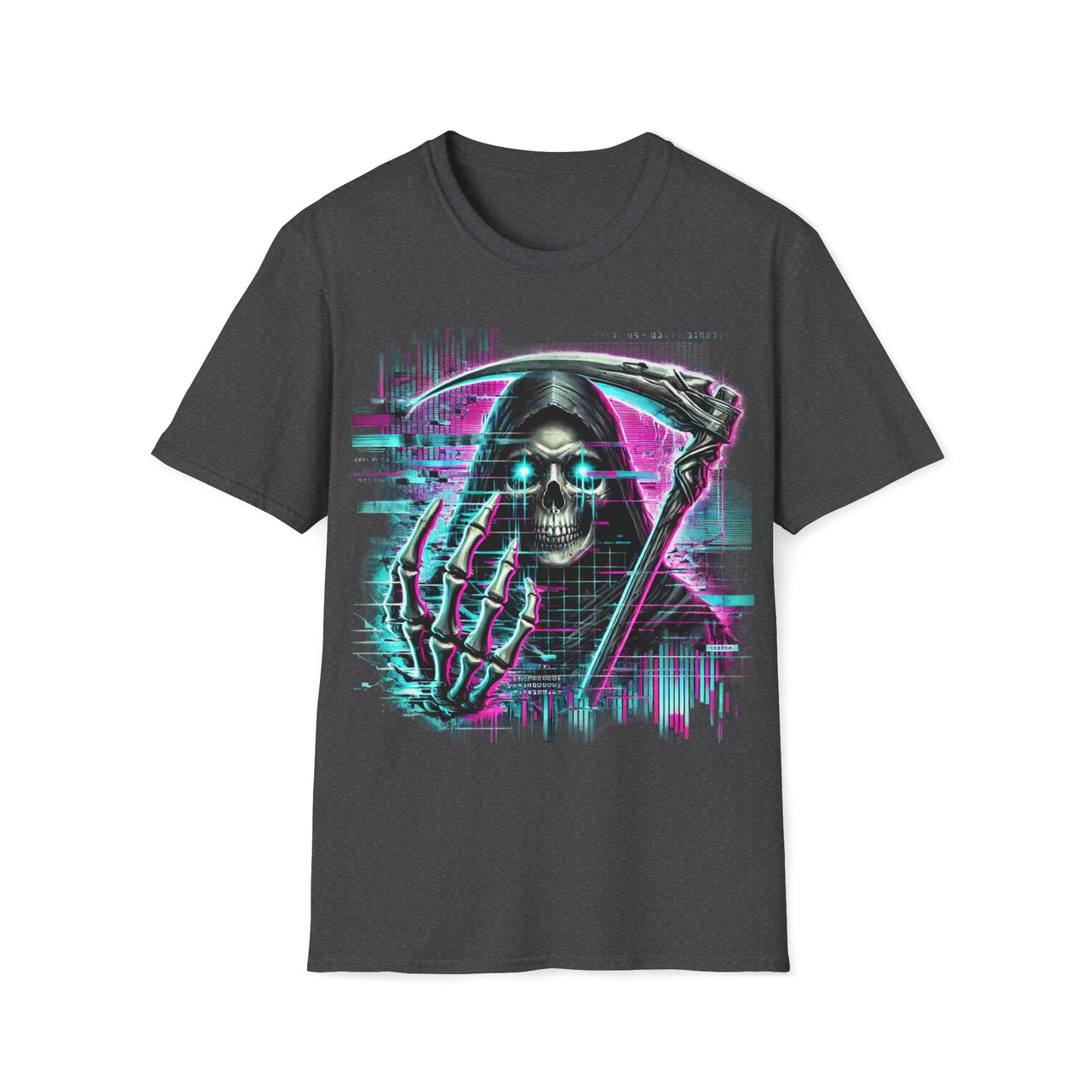 Macabre Threads Dark Heather Digital Reaper – Cyberpunk Grim Reaper T-Shirt