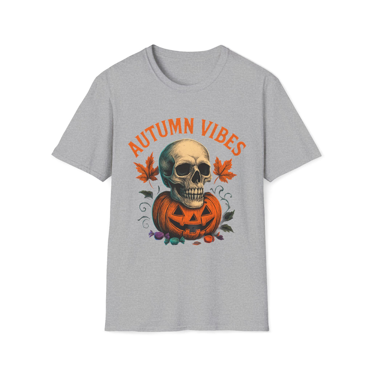 Autumn Vibes T-Shirt – Halloween Skull and Pumpkin Shirt