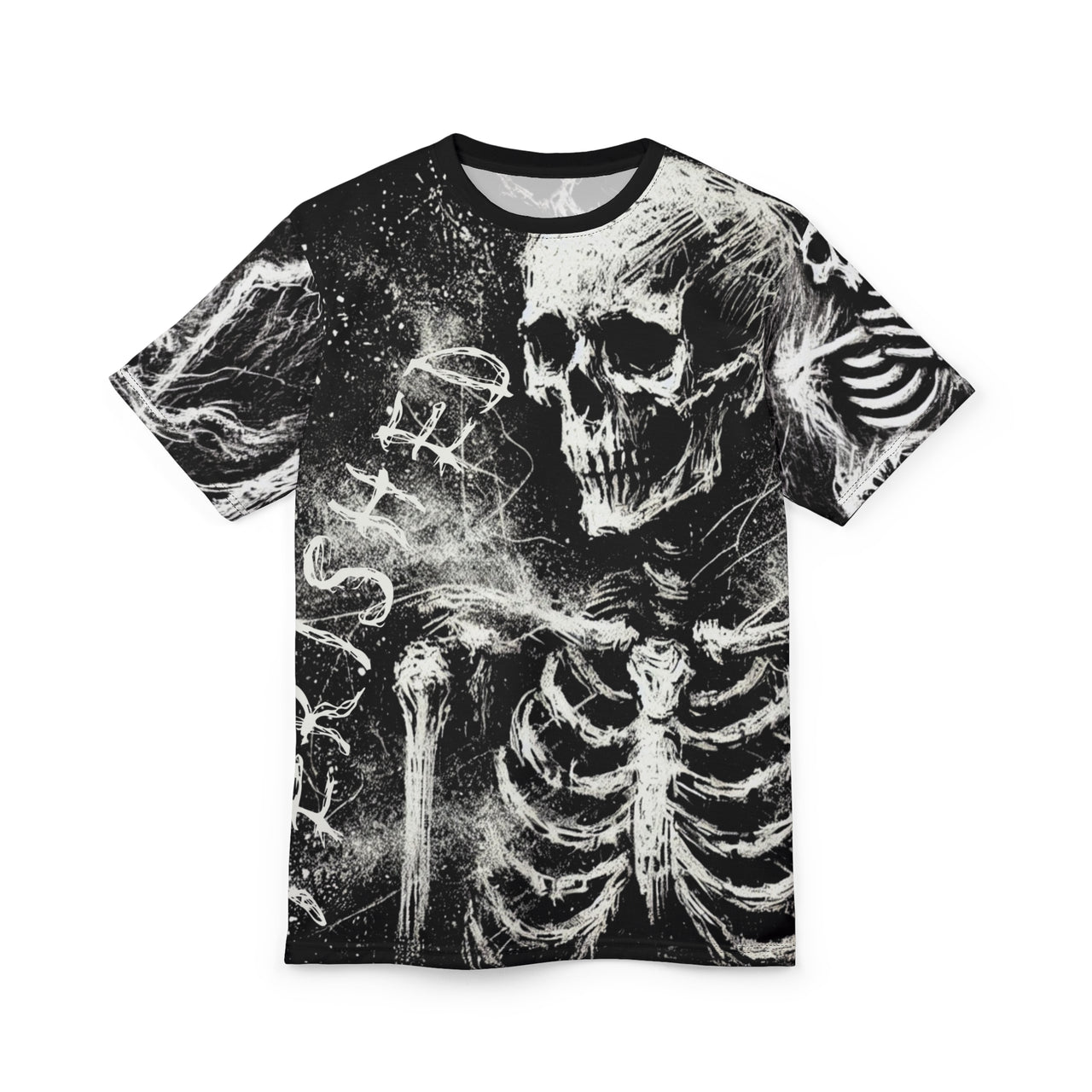 Macabre Threads Black stitching Perished All-Over Print T-Shirt – Chalk-Style Graveyard Death Tee