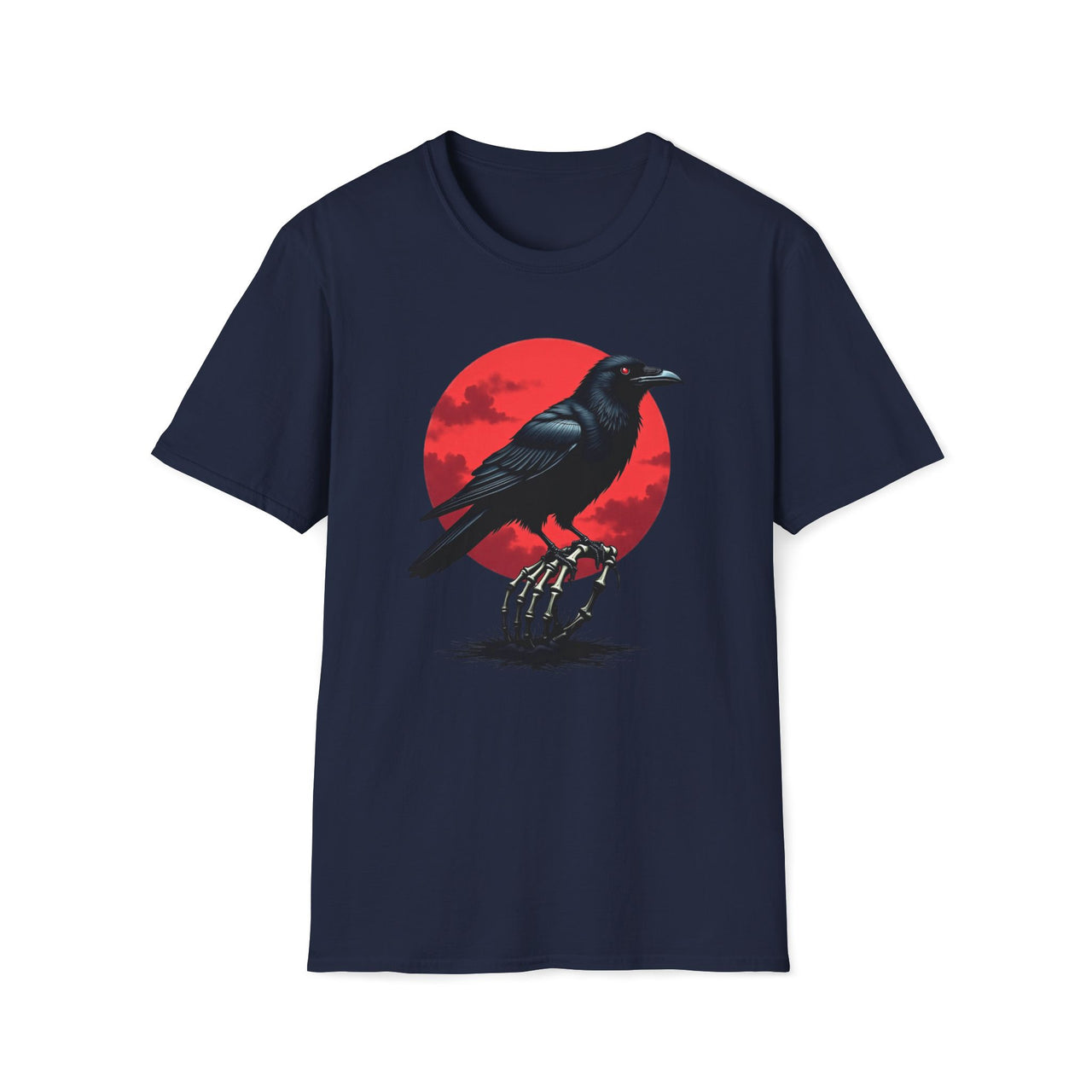 Macabre Threads Navy Raven Twilight T-Shirt – Gothic Raven and Red Moon Graphic Tee