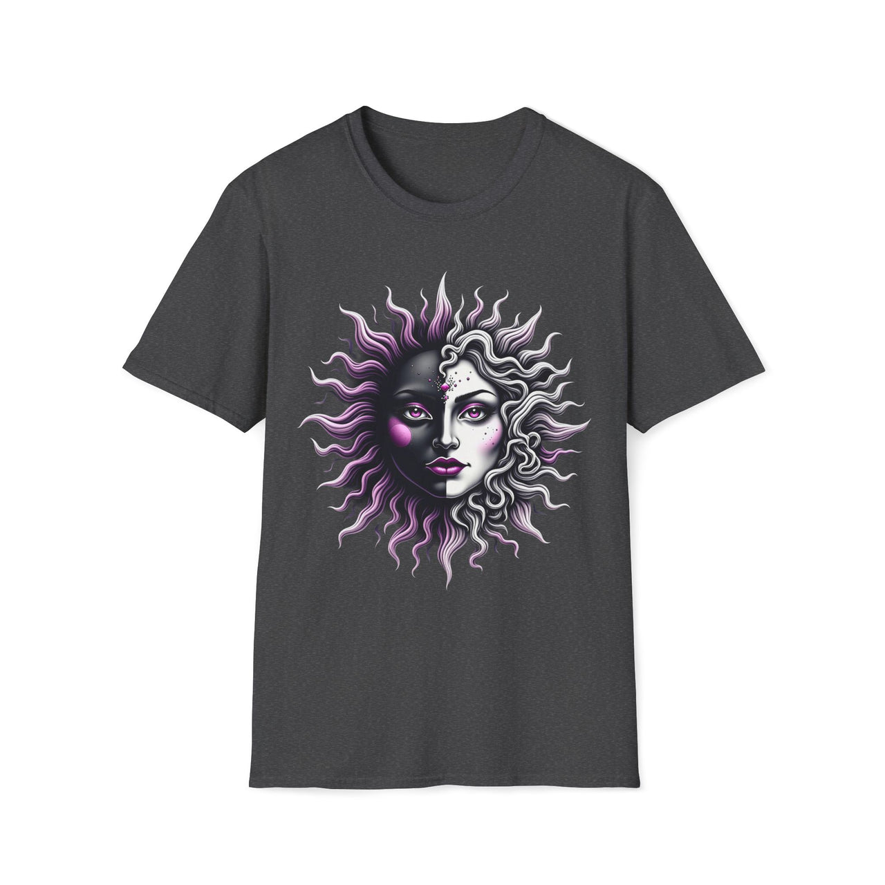 Macabre Threads Dark Heather Gothic Celestials T-Shirt – Sun and Moon Face Graphic Tee