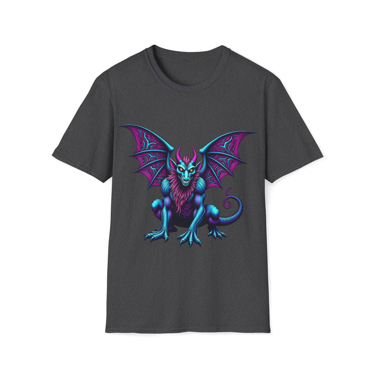 Macabre Threads Dark Heather Psychedelic Gargoyle T-Shirt – Neon Gothic Creature Design