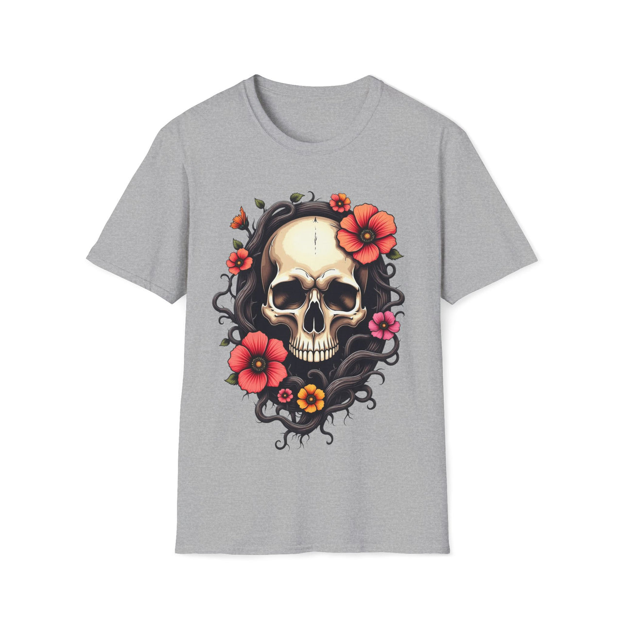 Macabre Threads Sport Grey Vivid Skull – Skull with Flowers Shirt