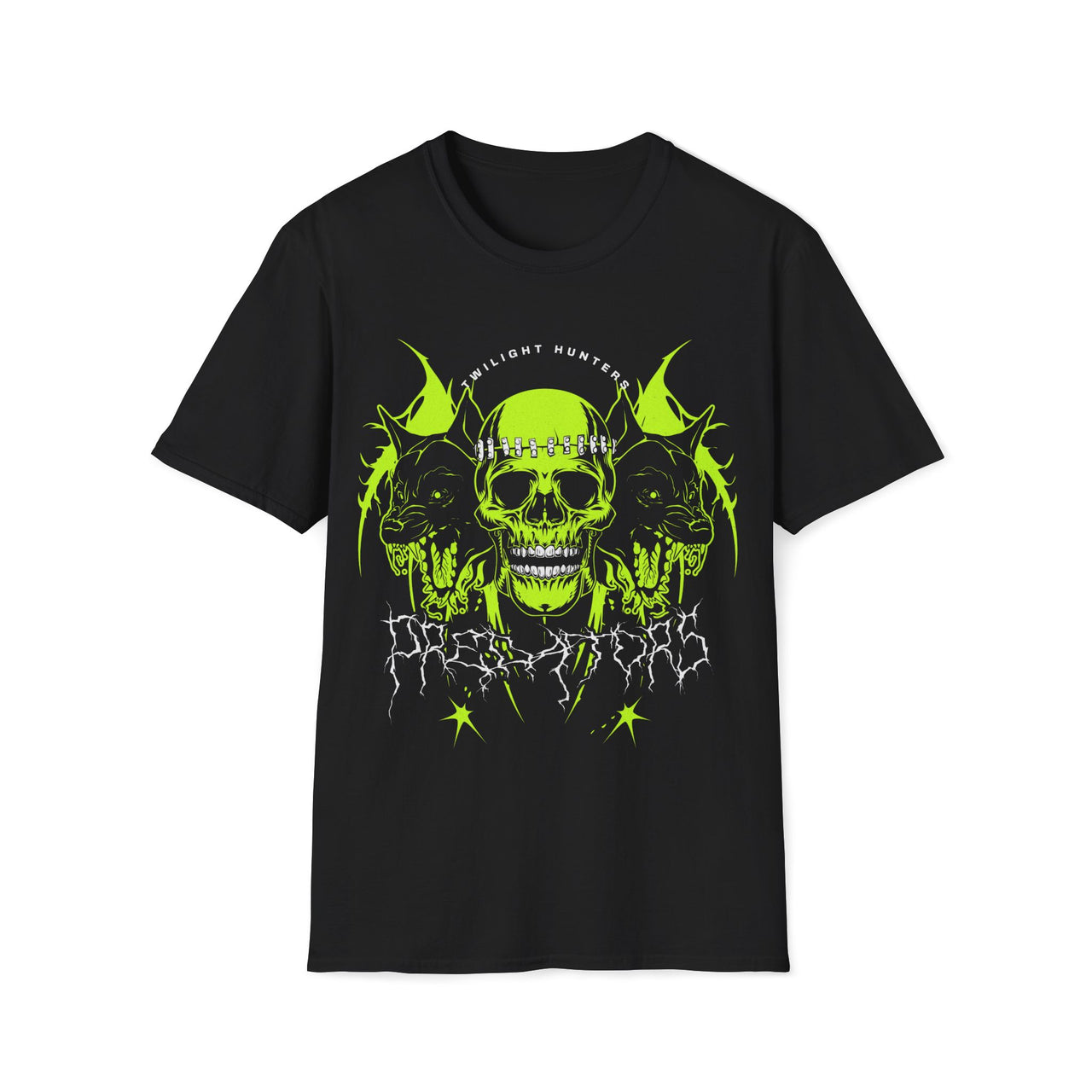 Macabre Threads Black Twilight Hunters Skull and Wolf T Shirt – Gothic Neon Skull Graphic Tee