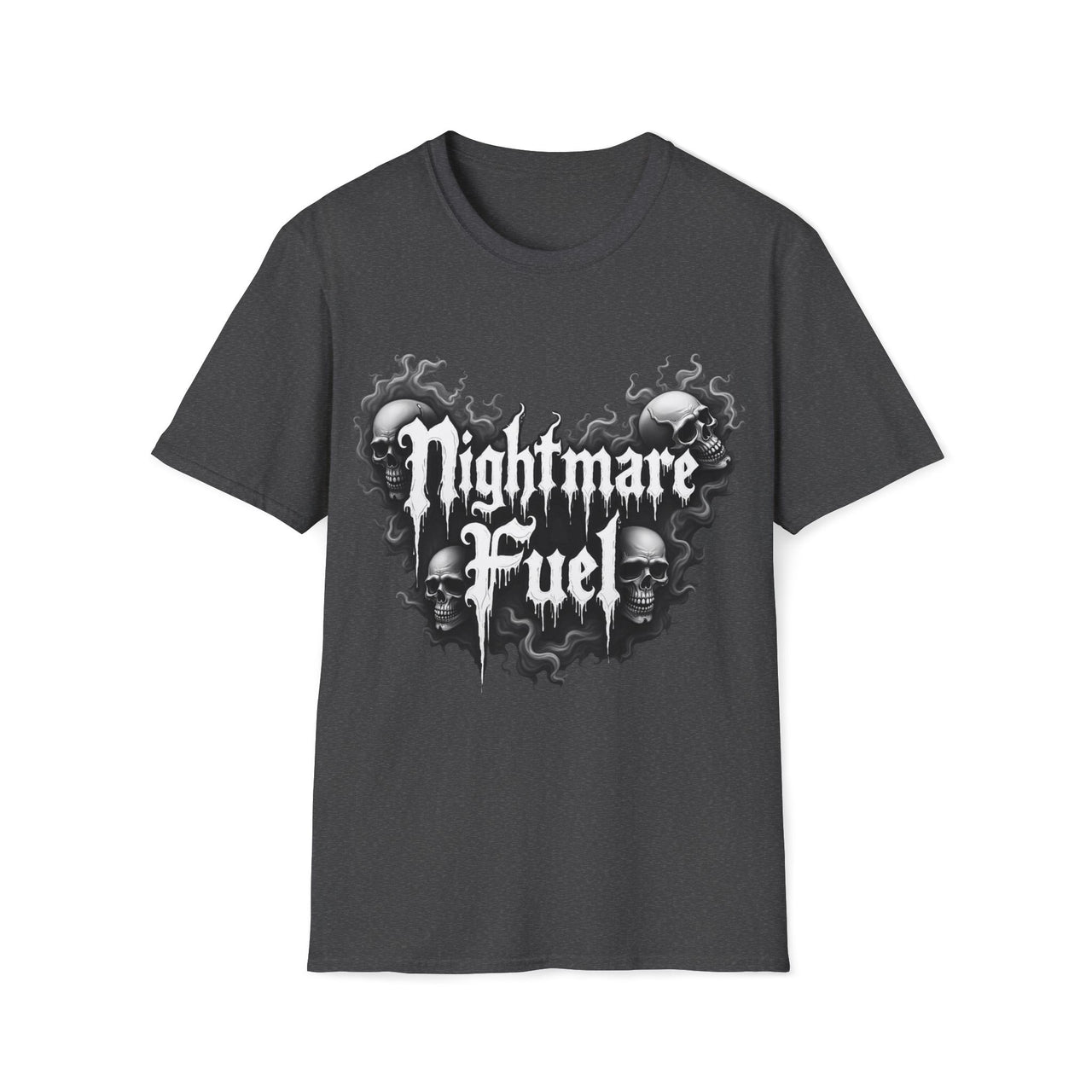 Macabre Threads Dark Heather Nightmare Fuel T-Shirt – Gothic Skull Graphic Tee