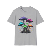 Macabre Threads Sport Grey Mushroom Glow T-Shirt – Neon Psychedelic Fungi Graphic Tee