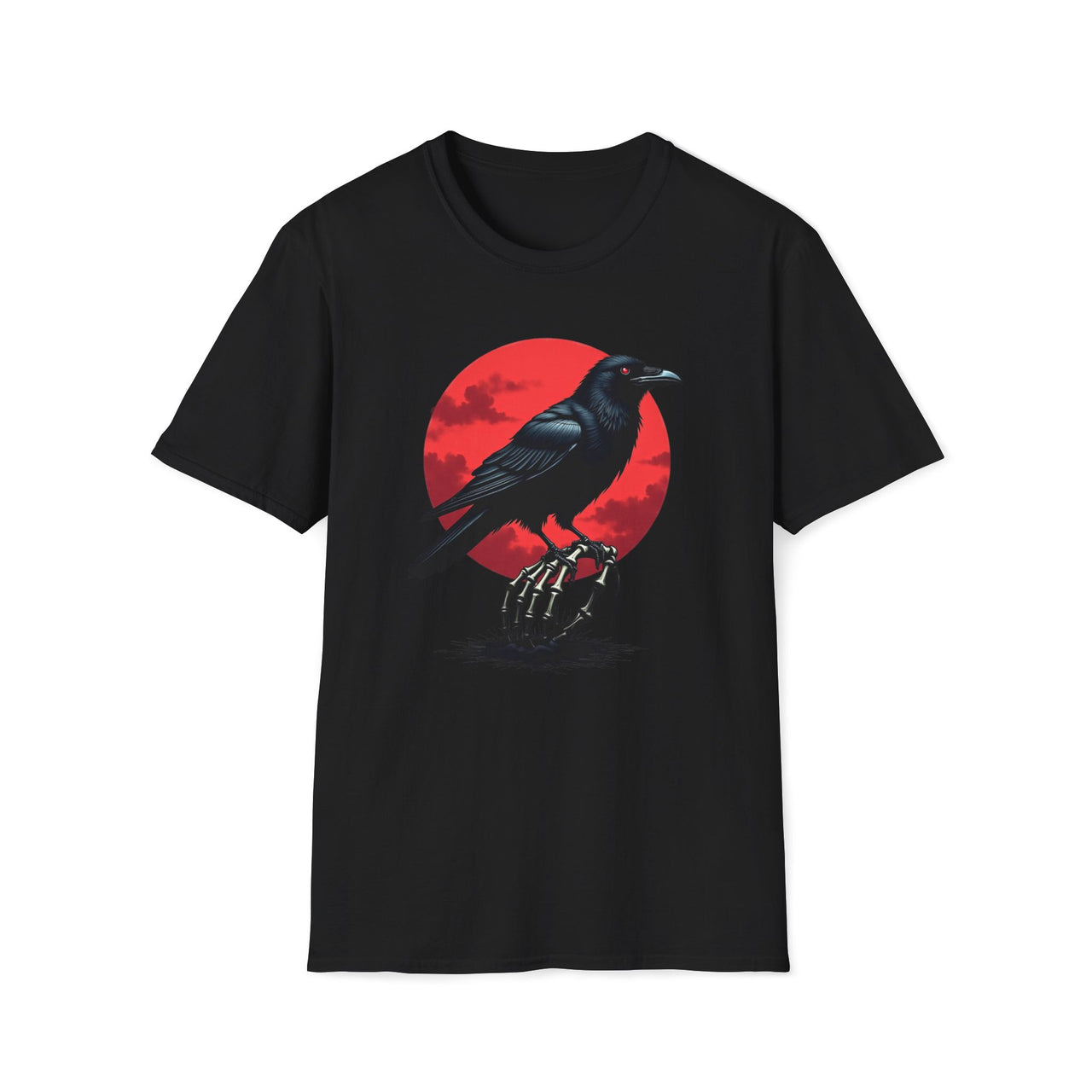 Macabre Threads Black Raven Twilight T-Shirt – Gothic Raven and Red Moon Graphic Tee