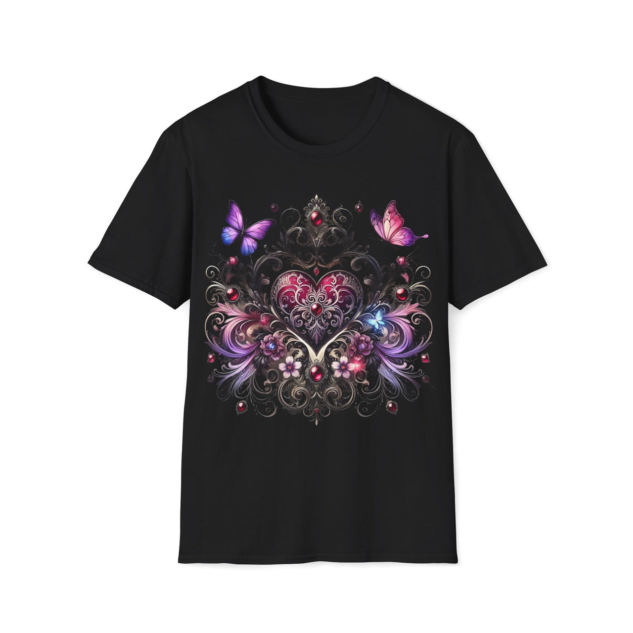 Macabre Threads Black Elegant Heart T-Shirt – Gothic Romance Butterfly Tee