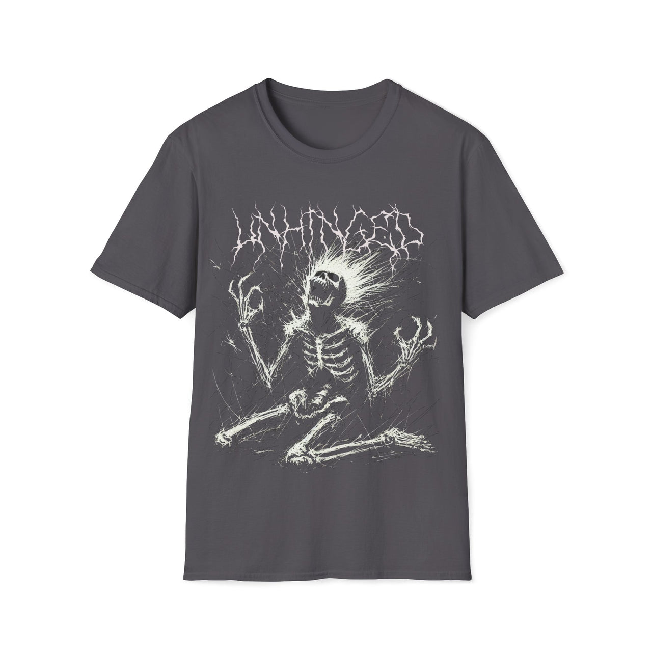 Macabre Threads Charcoal Unhinged T-Shirt – Screaming Skeleton Shock Tee