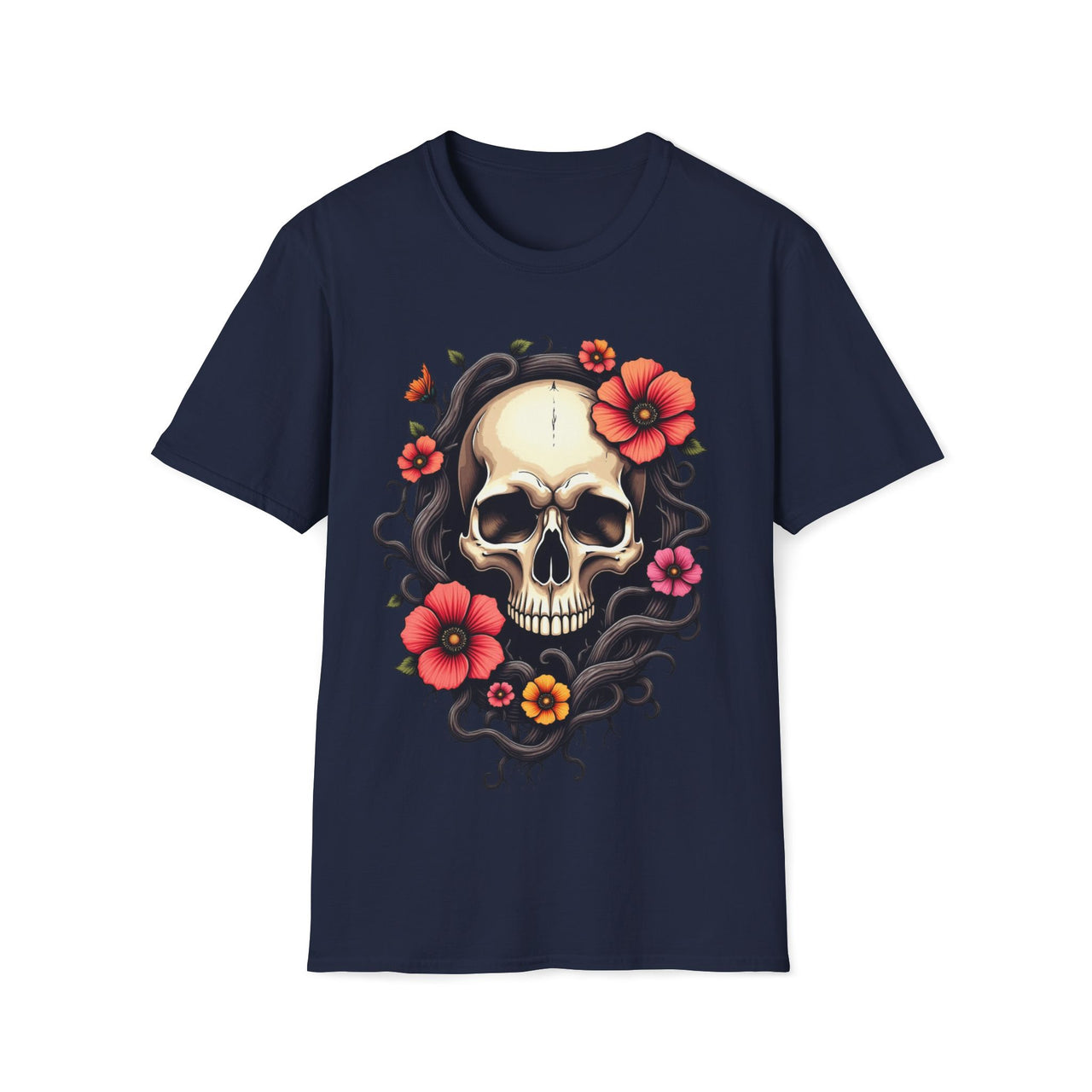 Macabre Threads Navy Vivid Skull – Skull with Flowers Shirt