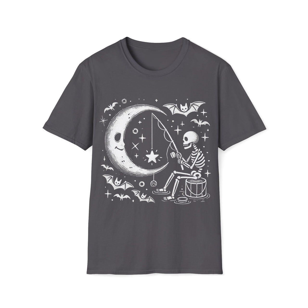 Macabre Threads Charcoal Starlight Catch T-Shirt – Whimsical Gothic Skeleton Design
