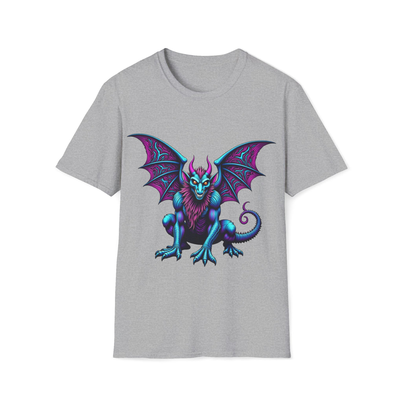 Macabre Threads Sport Grey Psychedelic Gargoyle T-Shirt – Neon Gothic Creature Design