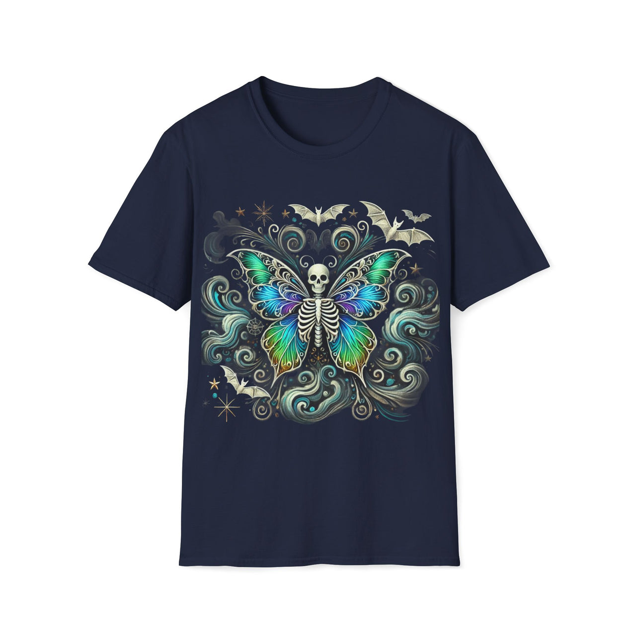 Macabre Threads Navy Ethereal Rebirth – Gothic Skeleton Butterfly T-Shirt