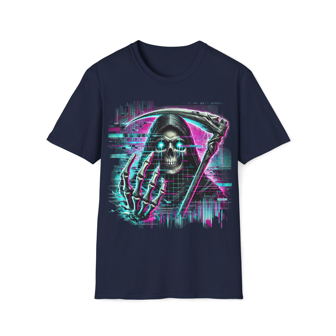 Macabre Threads Navy Digital Reaper – Cyberpunk Grim Reaper T-Shirt