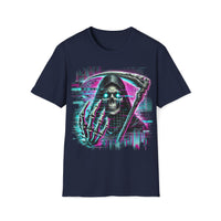 Macabre Threads Navy Digital Reaper – Cyberpunk Grim Reaper T-Shirt