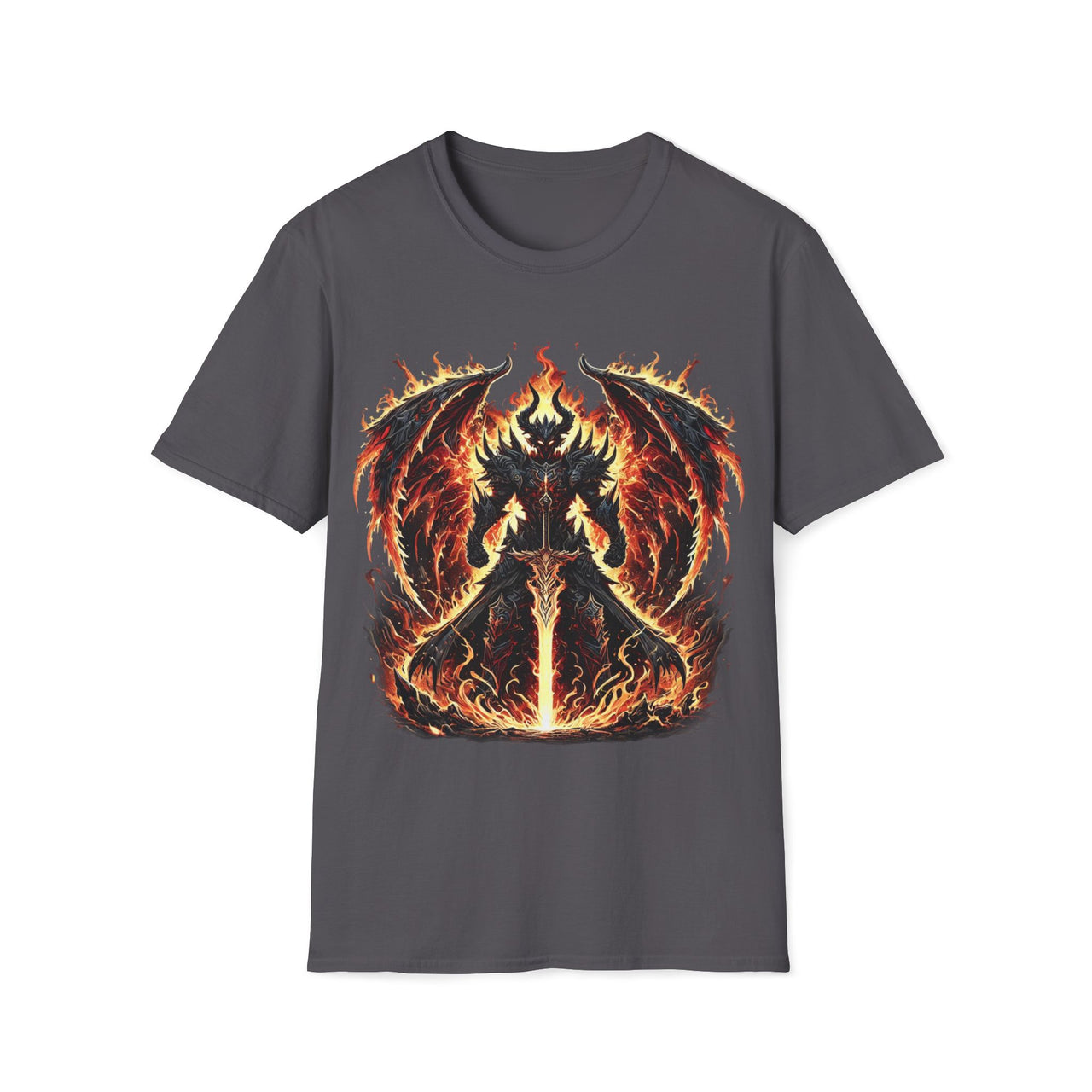 Macabre Threads Charcoal Infernal Overlord T-Shirt – Demonic Warrior in Flames