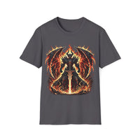Macabre Threads Charcoal Infernal Overlord T-Shirt – Demonic Warrior in Flames
