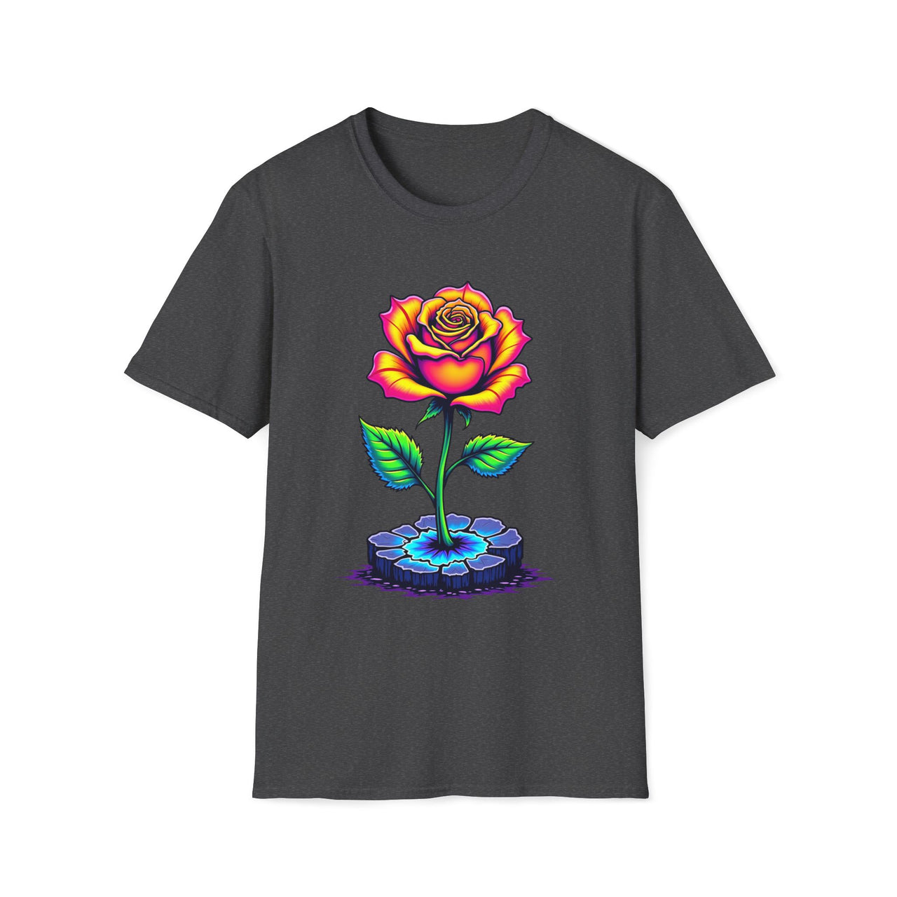 Macabre Threads Dark Heather Aurora Blossom T-Shirt – Neon Rose Graphic Tee