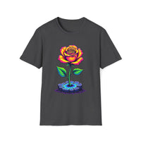 Macabre Threads Dark Heather Aurora Blossom T-Shirt – Neon Rose Graphic Tee