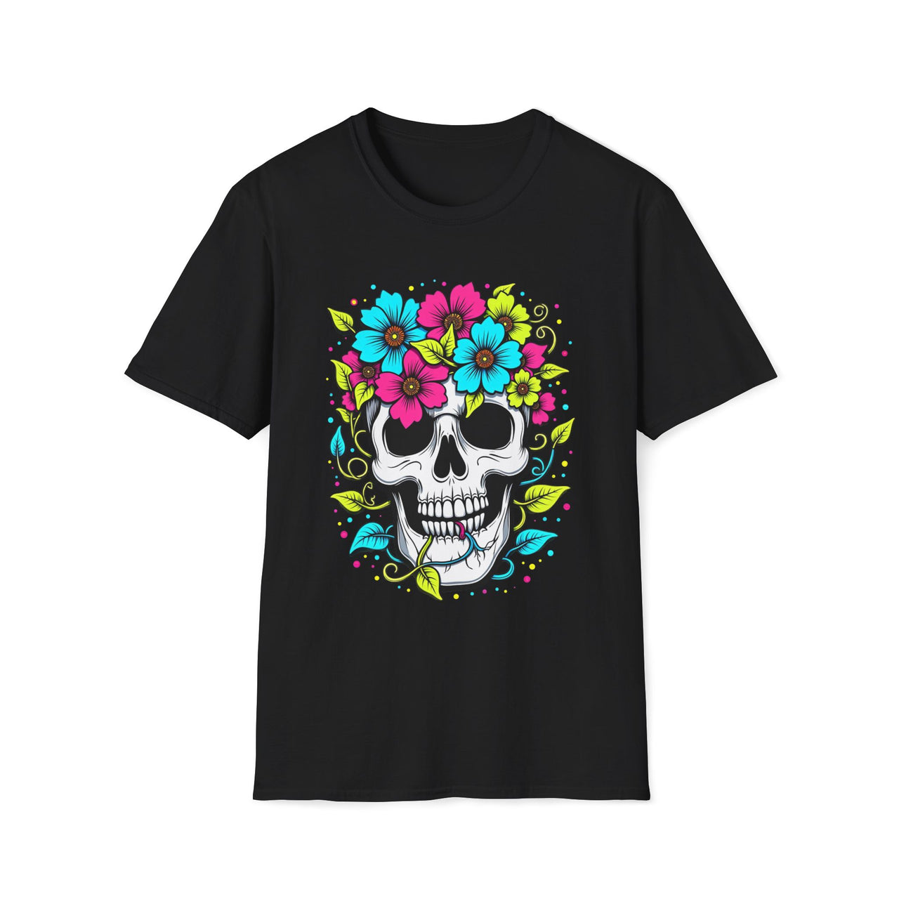 Macabre Threads Black Floral Spiral Flower Crown Skull T Shirt – Colorful Gothic Tee